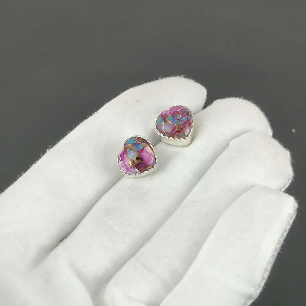 Kingman Spiny Turquoise Earrings | 925 Sterling Silver Stud Earrings | Handmade Gemstone Love Studs Heart Earrings | Boho Jewelry Valentine's Day Gift