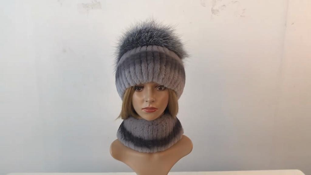 Hot Sale Women Winter Real Rex Rabbit Fur Hat Scarf Sets Natural Warm Genuine Silver Fox Fur Rex Rabbit Fur Cap Scarves 2 Pieces
