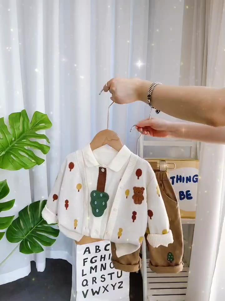 Boys' Long Sleeved 3-piece Set, Autumn and Winter Boys' Cartoon Printed Knitted Jacket, Casual Shirt+long Pants Set, High-quality Clothes