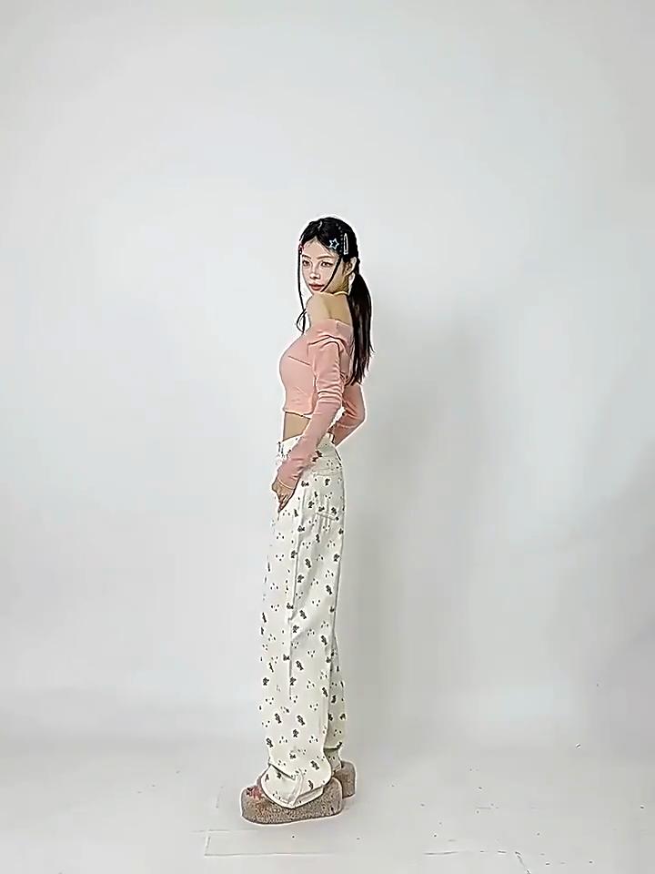 American High Street Bear Floral Jeans Women's New Cartoon Straight Loose Draping Floor-Mopping Wide Legs