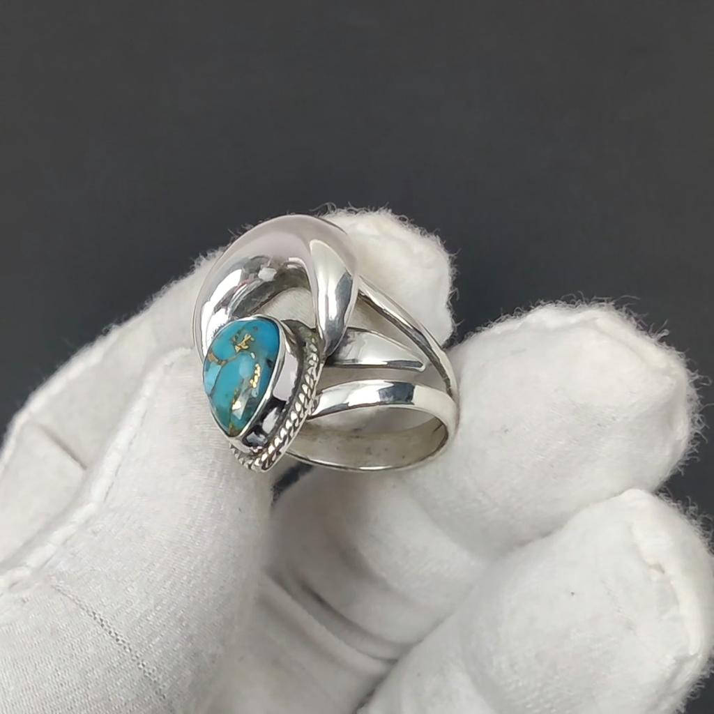 Blue Copper Turquoise Adjustable 925 Sterling Silver Ring - Fits US Sizes 6 To 10 - Handmade Boho Jewelry for Women & Men, Valentine Gifts