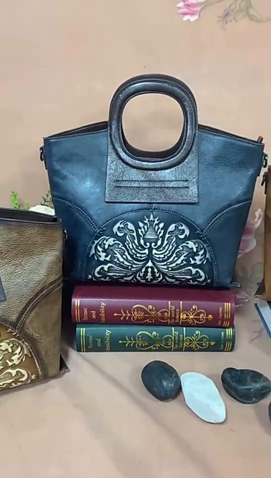 Johnature Handmade Genuine Leather Women Bag Vintage Soft Cowhide Handbag Embossed Shoulder Bags