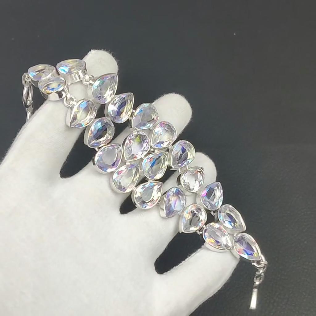 Χειροποίητο βραχιόλι από ασήμι 925 με Mystic Rainbow Topaz, ασημένιο βραχιόλι από τόπαζι Rainbow για γυναίκες, unisex βραχιόλι για δώρα