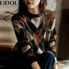 Autumn Winter Round Neck Prismatic Lattice Vintage Sweater Ladies Loose Casual All-match Pullover Jumpers Women Bottoming Top