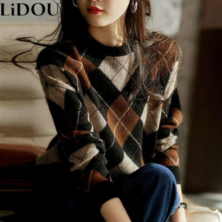 Autumn Winter Round Neck Prismatic Lattice Vintage Sweater Ladies Loose Casual All-match Pullover Jumpers Women Bottoming Top