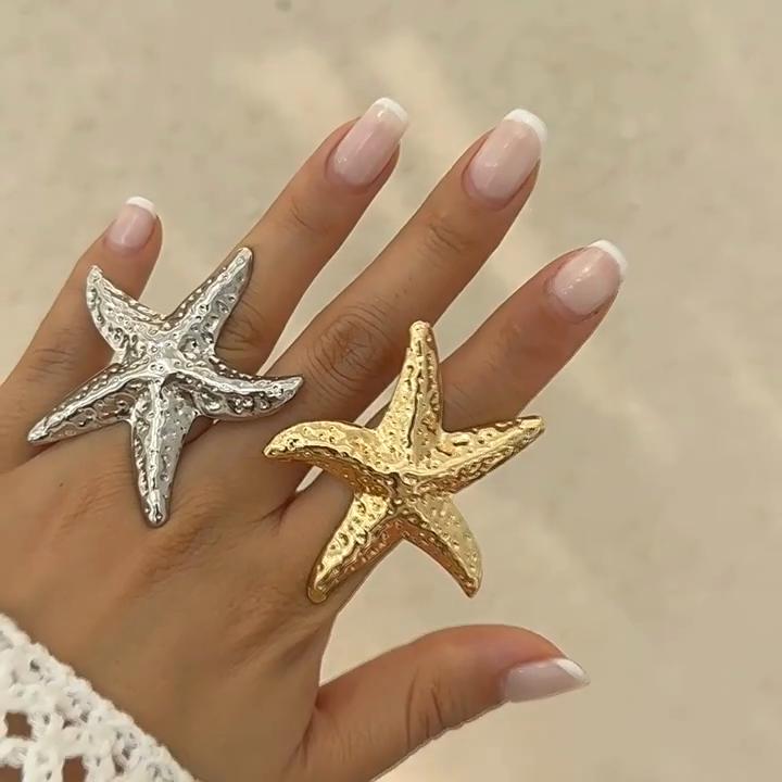 Vacation Starfish Shells Alloy Ring Gold Silver Color Summer Beach Imitation Pearl Adjustable Finger Ring Aesthetic Jewelry 2024 New Trendy