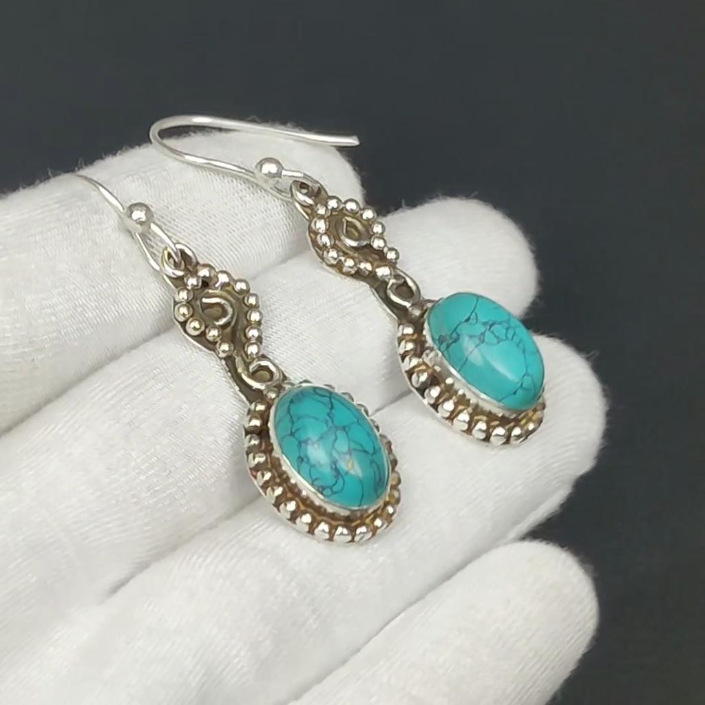 Tibetischer Türkis Ohrring, 925 Sterling Silber Ohrring, handgemachter Ohrring, ovaler blauer Türkis Ohrring, Geschenk für Mutter, Edelstein Ohrring