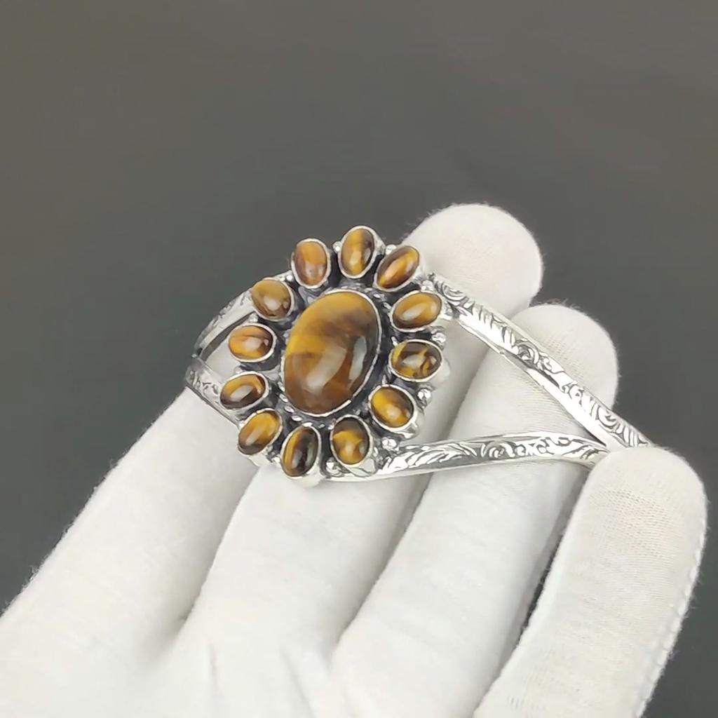 Natural Tiger Eye Gemstone Handmade Cuff Bangle 925 Sterling Silver Cuff Bangle, Tiger Eye Flower Shape Bracelet For Wife, Unisex Bangle For Gift