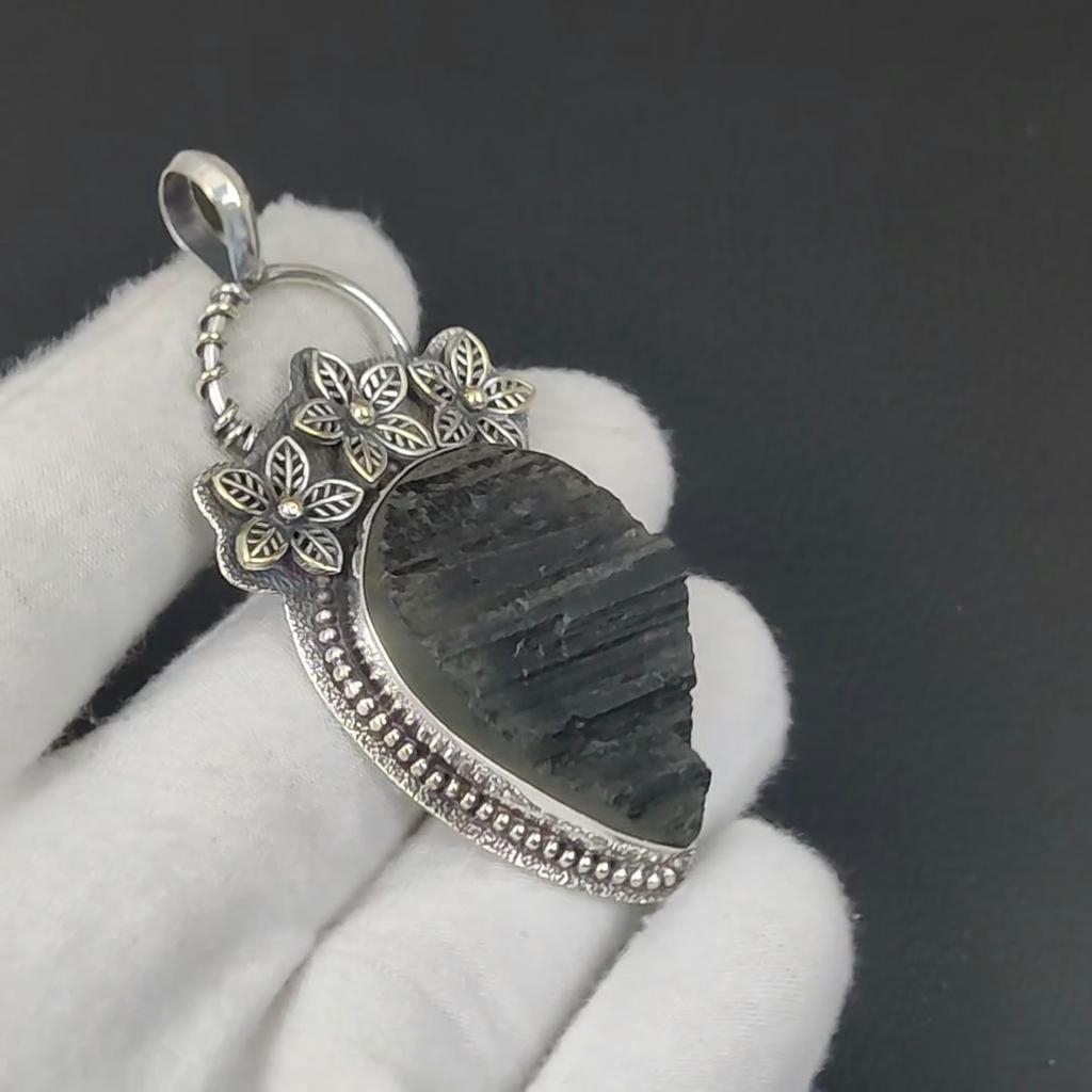 Natural Black Tourmaline Gemstone Silver Pendant In 925 Sterling Silver- Handmade Flower Design, Everyday Wear Jewelry, Unique Pendant Birthday Gift