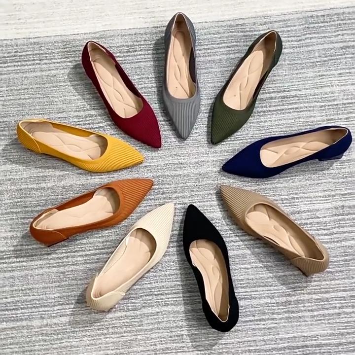 Pointed Toe Shallow Mouth Fabric Flat Bottom Women's Solid Color Knitted Soft Bottom Large Size 34-43