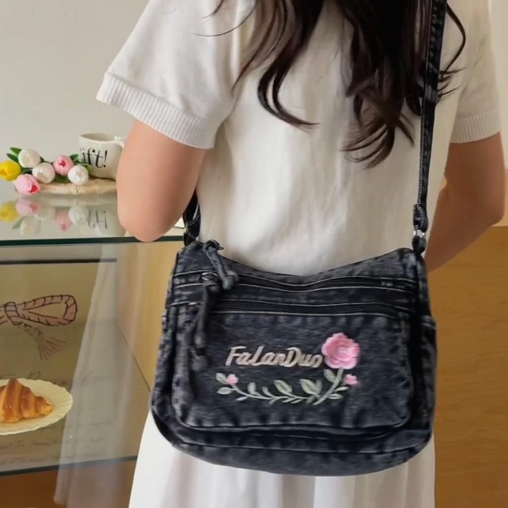 Jeansowa Haftowana Torba na Ramię Damska Torebka Miejska Torba Crossbody