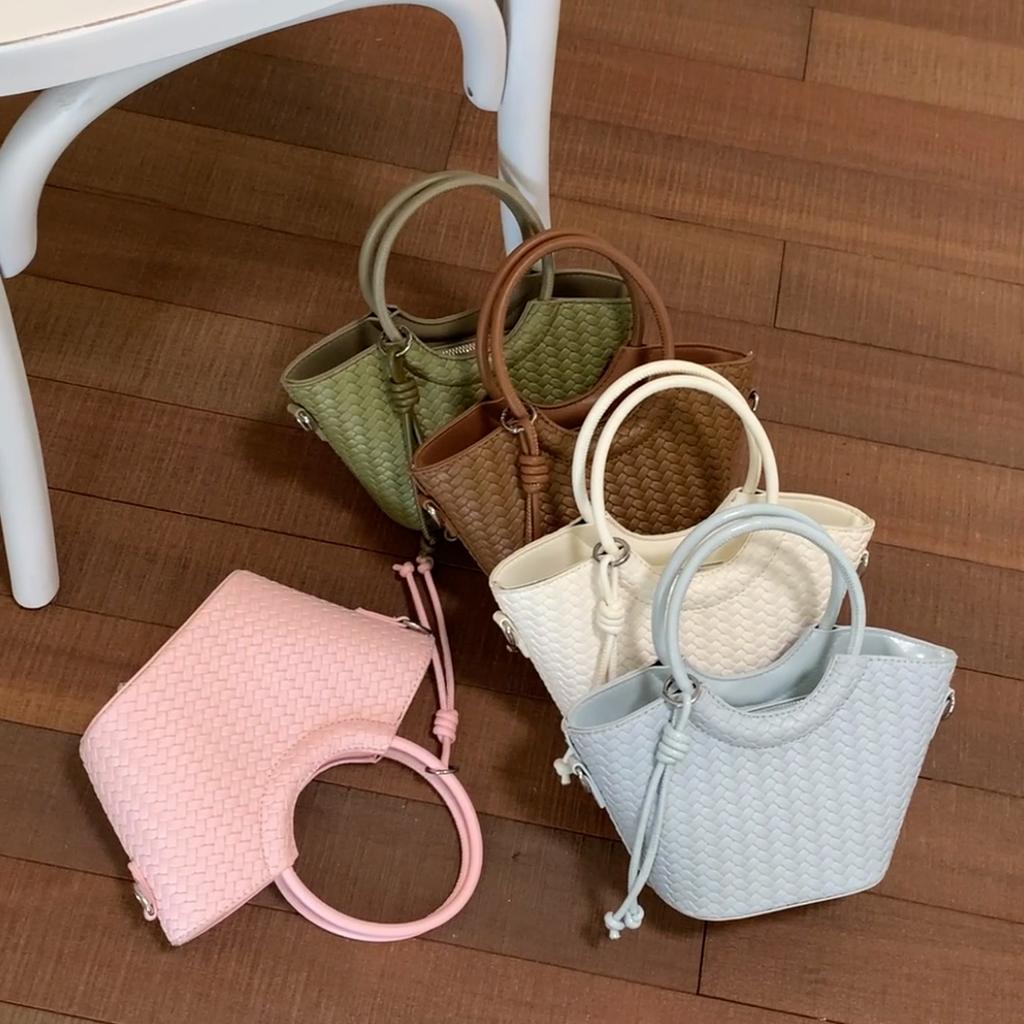 Woven Texture Mini Tote Bag with Round Handle and Detachable Strap
