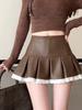 Hot Girl Leather Pleated Lace Skirt Autumn and Winter High Waist Versatile Hip-covering A-line Skirt Pants
