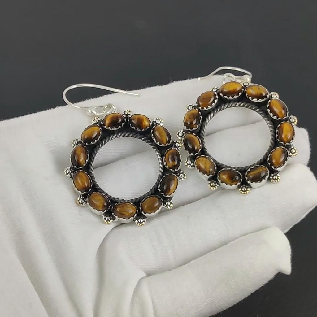Natural Tiger Eye Gemstone Earrings, 925 Sterling Silver Earring, Handmade Boho Silver Jewelry Dangle Earrings, Engagement Gift