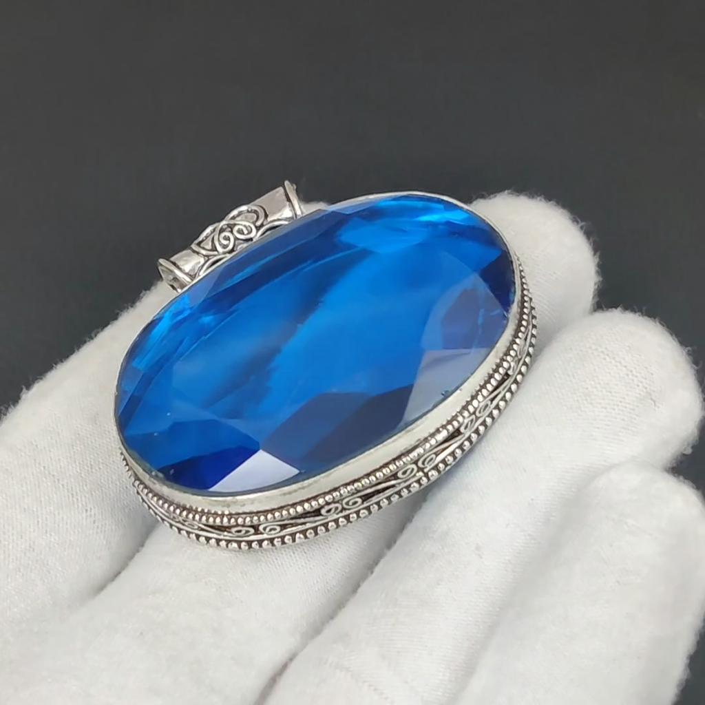 Stor London Blue Topaz Edelsten Sølv Anheng i 925 Sterlingsølv - Håndlaget Design, Hverdagsbruk Smykker, Unikt Anheng Påskegaver