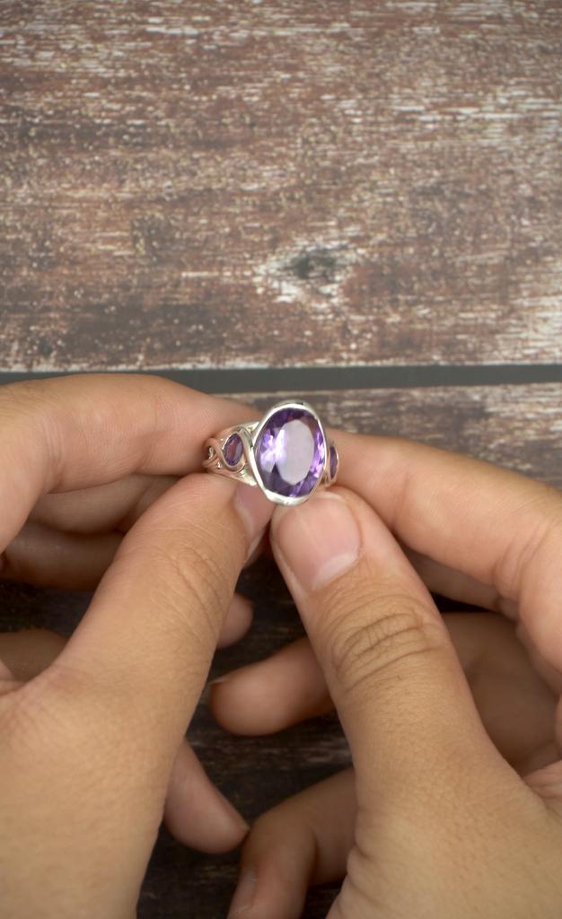 Sterling Silver Amethyst Ring - Oval Purple Gemstone Statement Ring with Accent Stone - Women's February Birthstone Jewelry