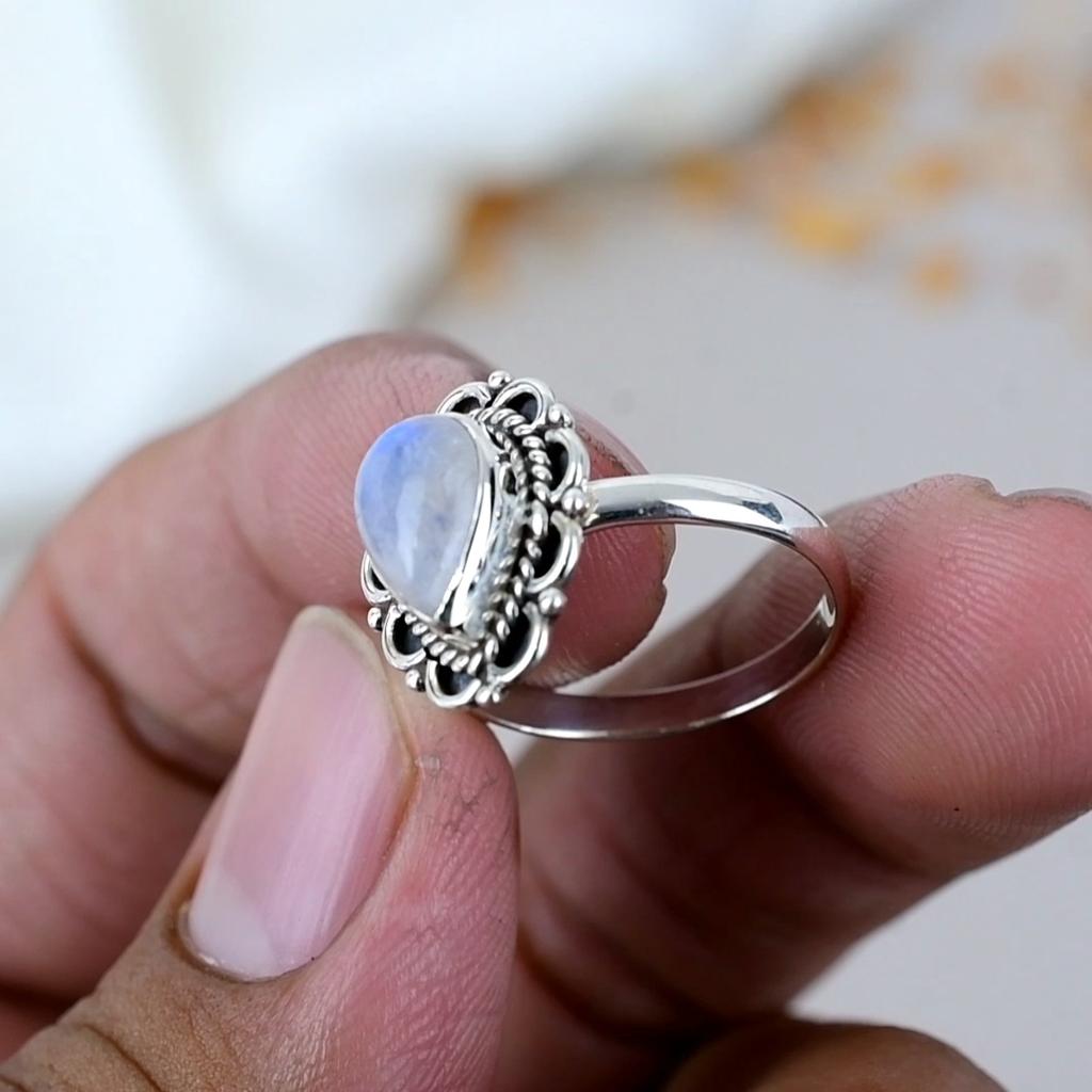 925 Sterling Silver Rainbow Moonstone Pear Shape Gemstone Ring For Women