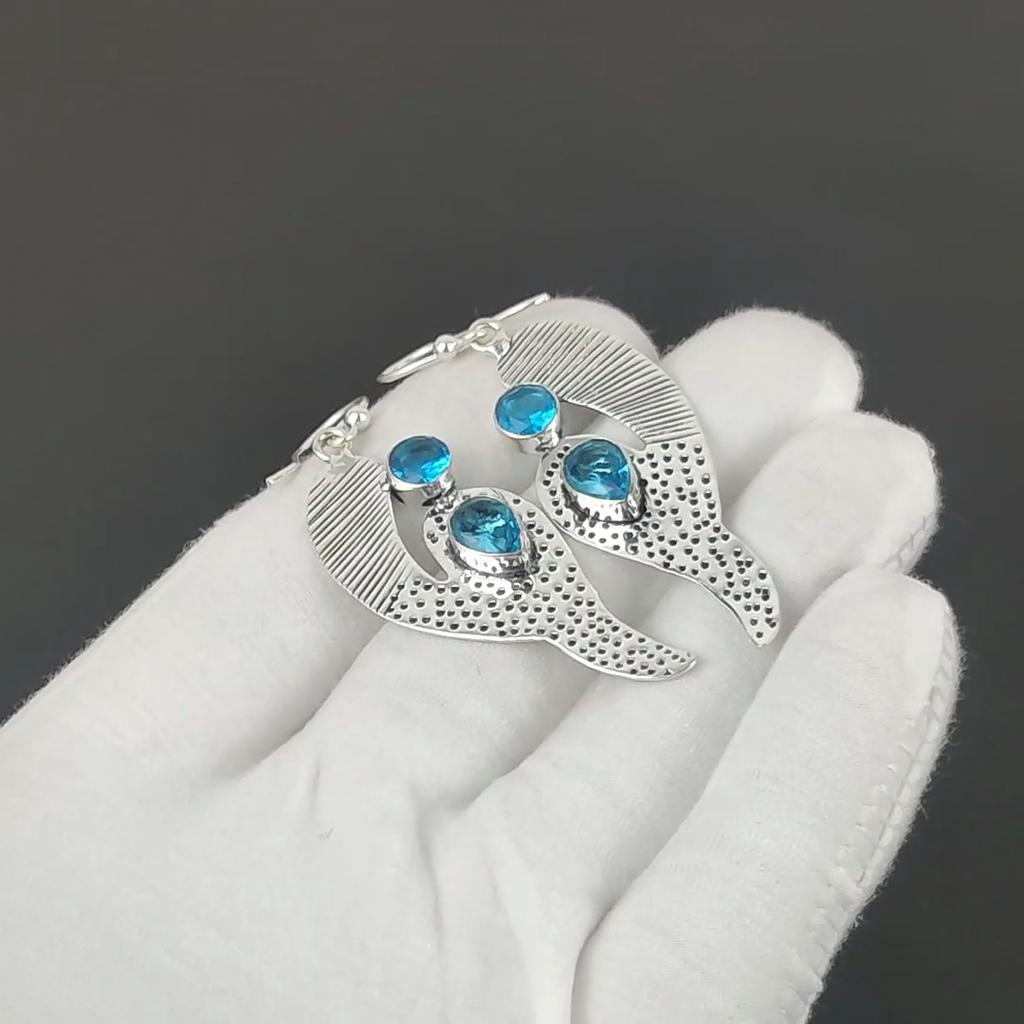Beutiful Blue Topaz Gemstone Earrings, 925 Sterling Silver Earring, Handmade Boho Silver Jewelry Dangle Earrings, Valentine's Day Gift