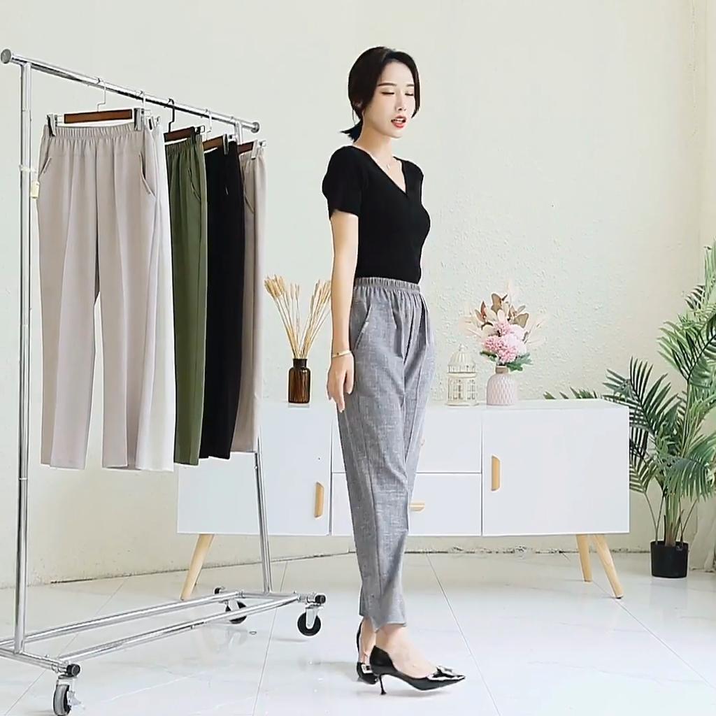 Pantalon d'été en coton et lin pour femme, taille élastique, classique, grande taille, taille haute
