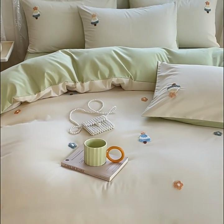 Simple Embroidered Washed Cotton Bed Four-piece Quilt Cover Bed Sheet
