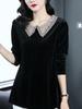 Baby Doll Collar Gold Velvet Bottoming Shirt Women's Long-sleeved T-shirt Spring and Autumn New Fashion Large Size Black Top