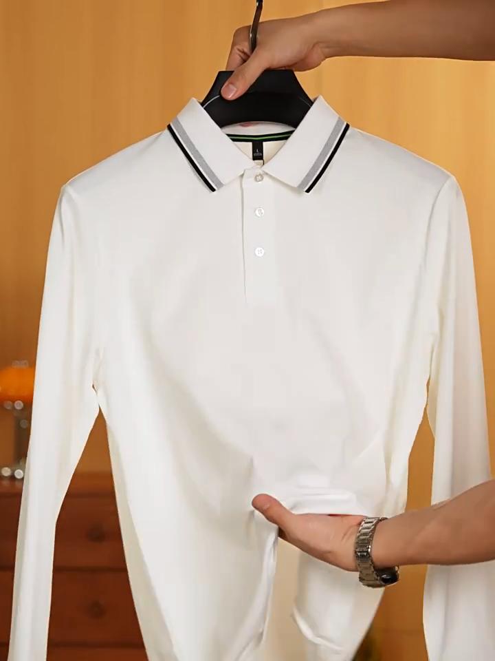 Men's Spring Autumn Contrast Striped Collar Long Sleeve Polo Shirt All Match Wrinkle Resistant Durable Commuter Top