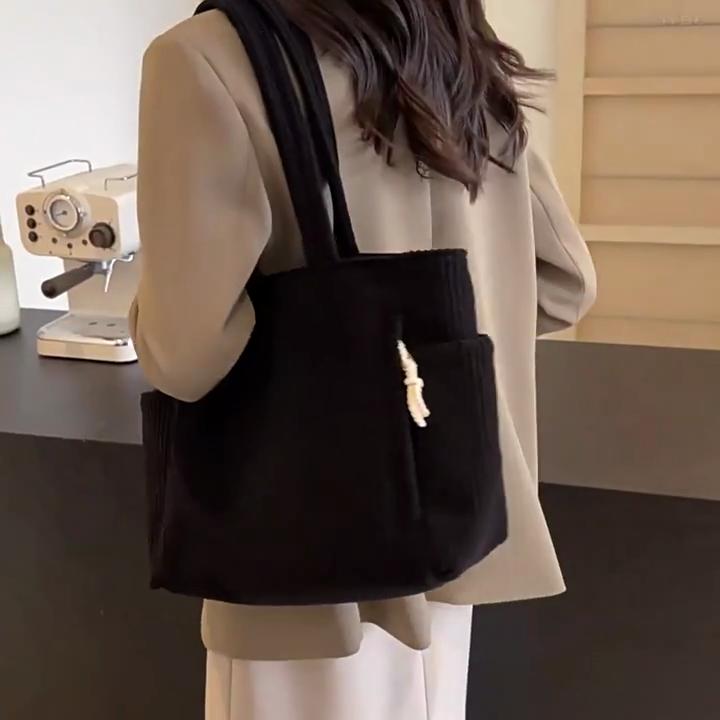 Simple Solid Color Large Capacity Women Corduroy Shoulder Tote Bag For Daily Use