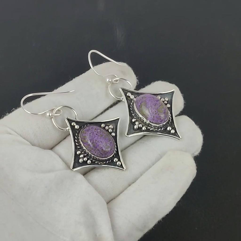 Natural Purpurite Gemstone Antique Earrings 925 Sterling Silver Earring, Boho Silver Jewelry Dangle Earrings, Gifts For Birthday Gifts For Her