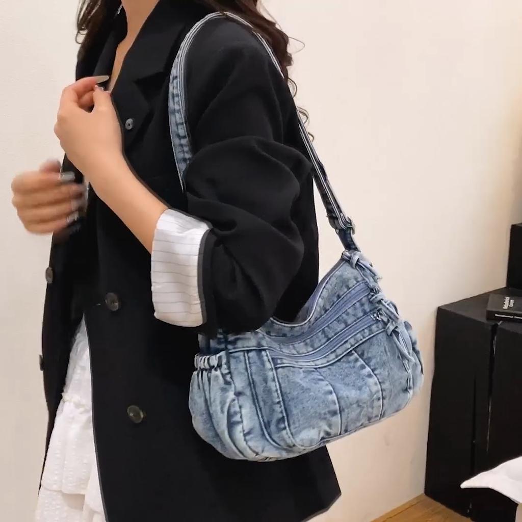 Large Capacity Denim Bag Women's Multi-Pocket Shoulder Crossbody Bag