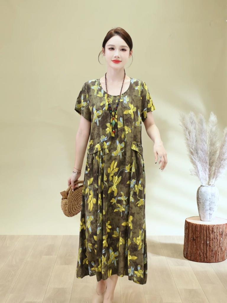 Elegant Woman Summer Dress Casual Loose Short Sleeve Long Dresses Plus Size Woman Clothing