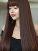 Europäischer und Amerikanischer Stil Damen Lang Gerade Mokka Braun Perücke mit Geradem Pony Mode Geschichtet Nach Innen Gekräuselt Voll Perücke