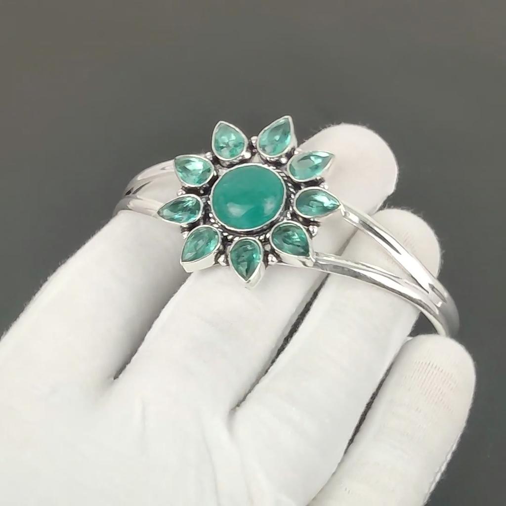 Amazonite Gemstone Handmade Cuff Bangle 925 Sterling Silver Cuff Bangle, indicolite Flower Shape Bracelet For Wife, Unisex Bangle, Wife Gift