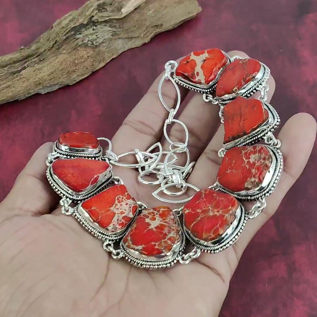 Orange Sea Sediment 925 Solid Sterling Silver Necklace with Adjustable Chain, Handmade Gemstone Jewelry Necklace For Memorial Day