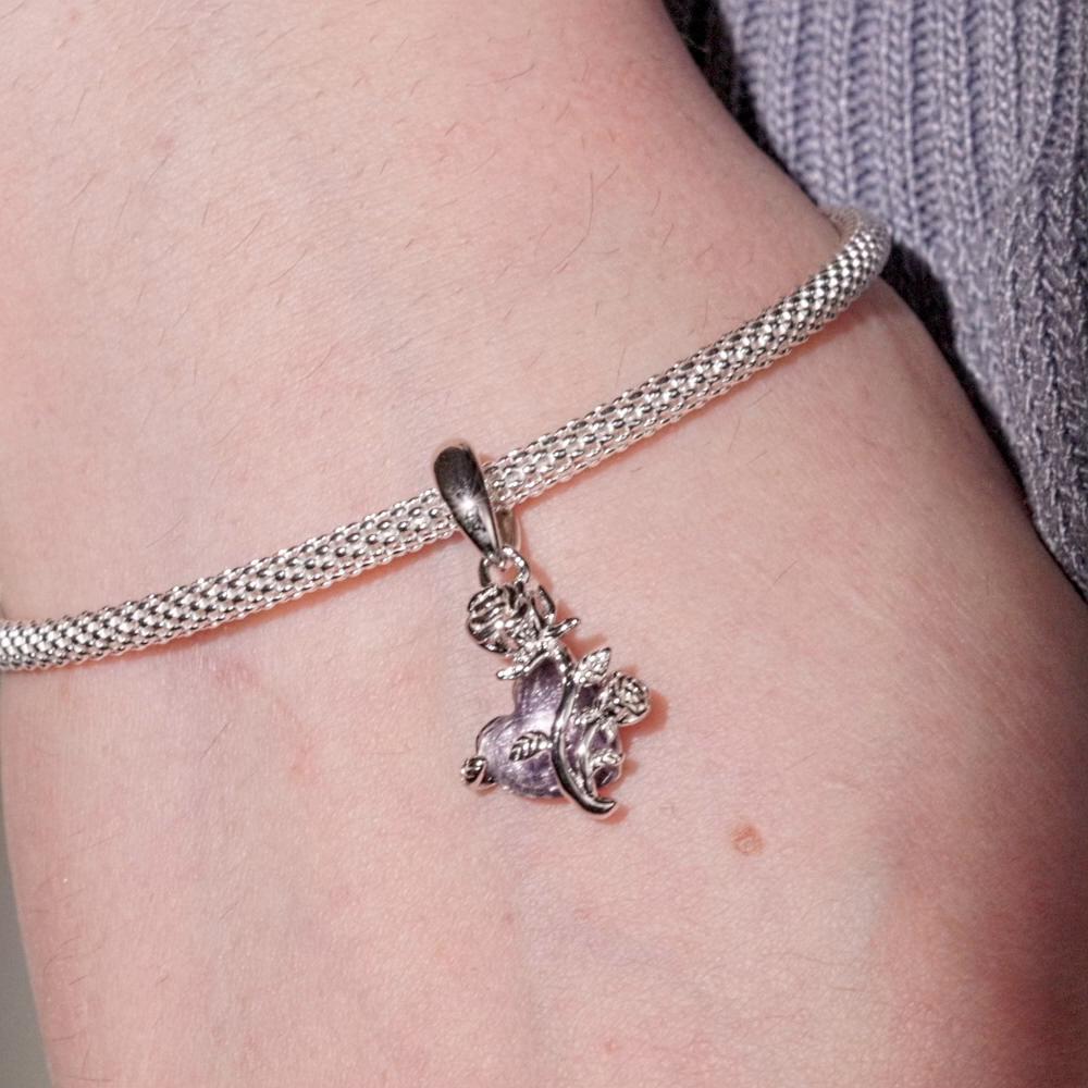 Bamoer 925 Sterling Sølv Romantisk Lilla Zirkon Rose Hengende Anheng Charms passer DIY Lagingsarmbånd & Armring Fint Smykke