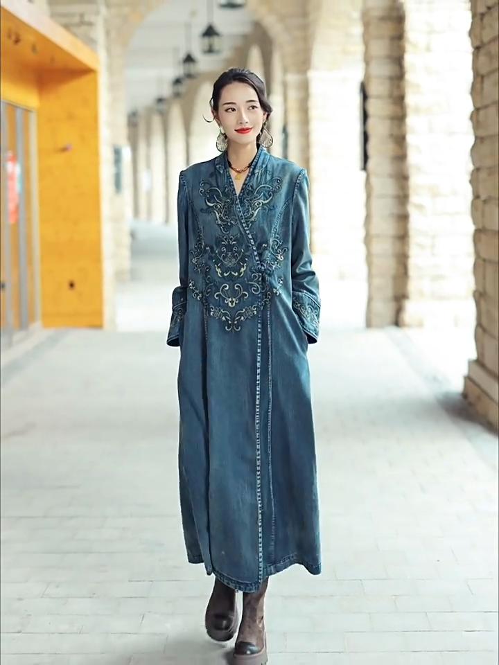 Johnature Frauen Frühling Mode Vintage Stickerei V-ausschnitt Denim Kleid Lose Retro Casual Kleid