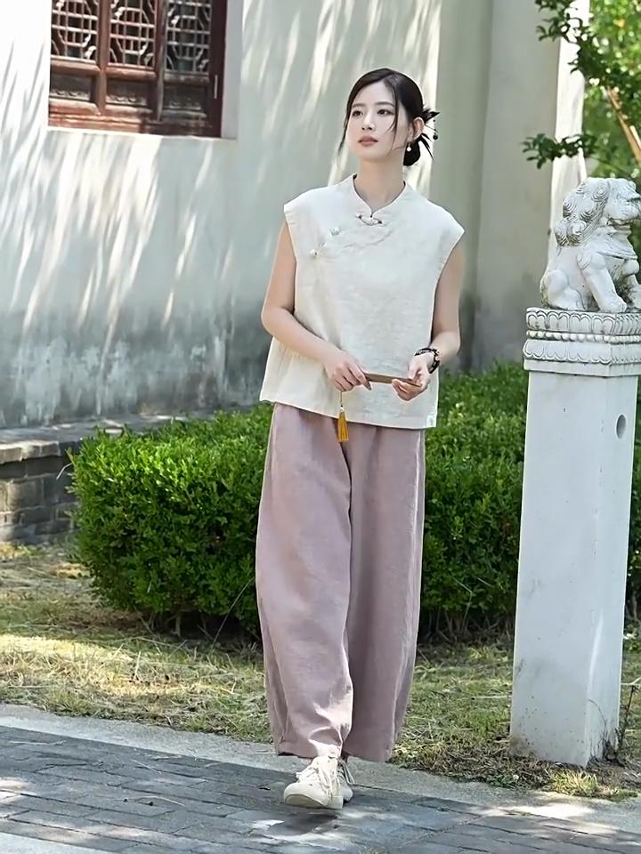 Johnature Women Vintage Bloomers Pants Summer Chinese Style Solid Color Trousers Pockets Soft Pants
