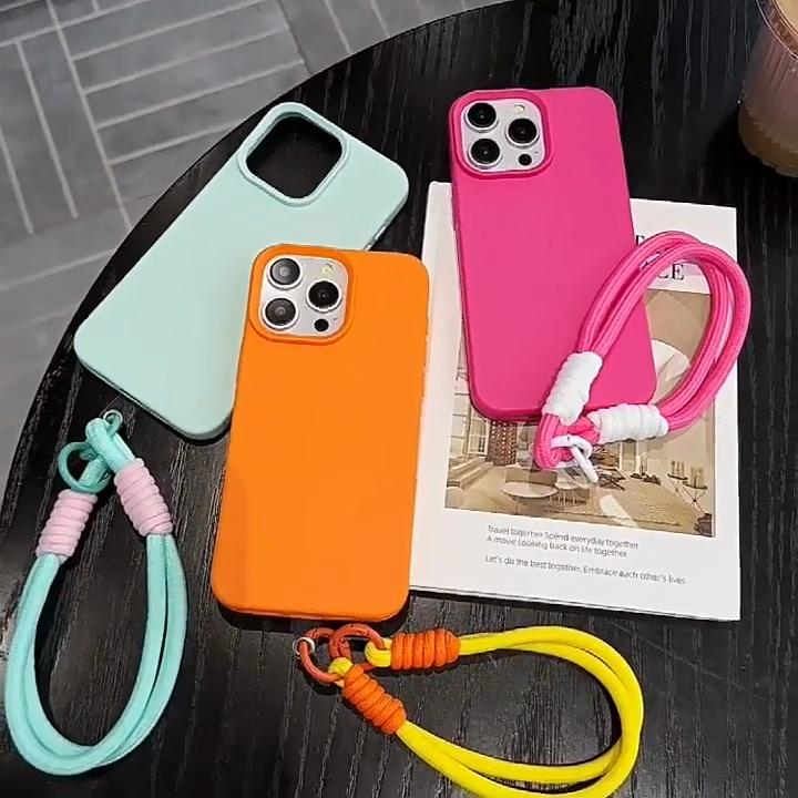 Fashion Cute Candy Leather Texture With Wrist Strap Case For iPhone 15 14 11 12 13 16 Pro Max Plus X XR XsMax Solid Color Cover