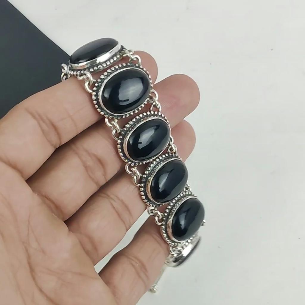 Dainy Svart Onyks Edelstein Håndlaget 925 Sterlingsølv Armbånd, Svart Onyks Armbånd Til Kone, Unisex Armbånd, Bryllupsgave
