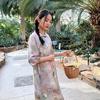 Johnature Vintage Summer Women Dress Stand Seven Sleeve Print Floral Female Button Chinese Style Dress