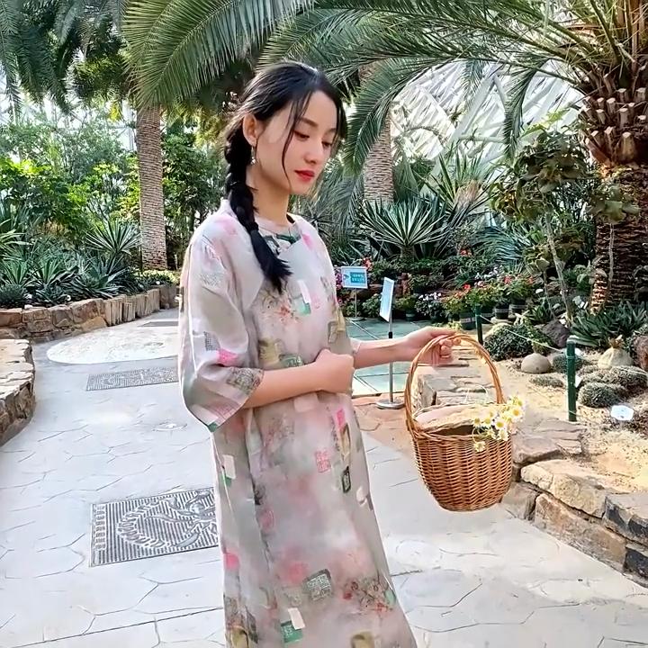 Johnature Vintage Summer Women Dress Stand Seven Sleeve Print Floral Female Button Chinese Style Dress