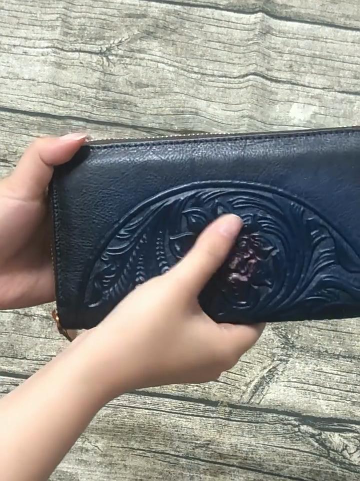 Johnature Genuine Leather Retro Women Wallet Handmade Embossed Long Hand Bag Cowhide Phone Purse