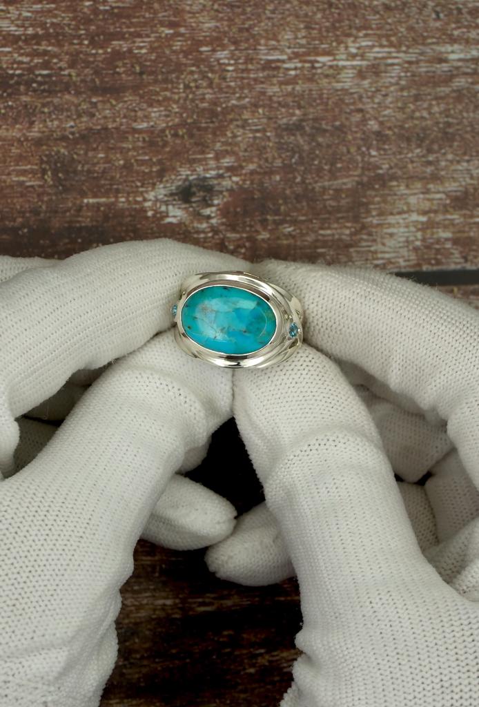 Sterling Silver Turquoise Ring - Oval Blue Gemstone Ring with Geometric Cut-Out Band and Blue Topaz Accent - Southwestern Statement Jewelry