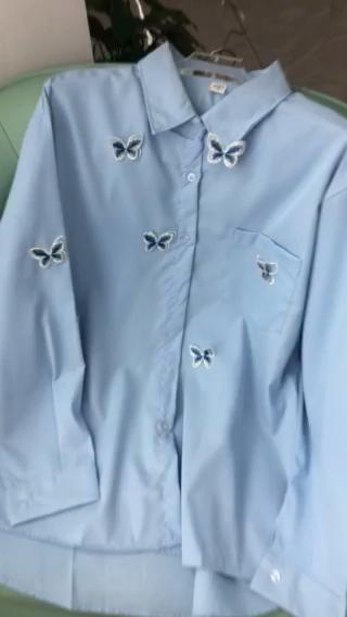 Women's Blue Embroidered Butterfly Shirts Long Sleeved Single Breasted Lapel Blouses Female's Casual Top with Pocket