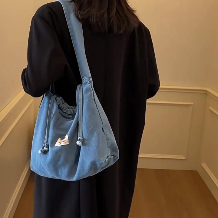 Drawstring Denim Tote Bag For Women With Tophandle Design And Large Capacity For Daily Use