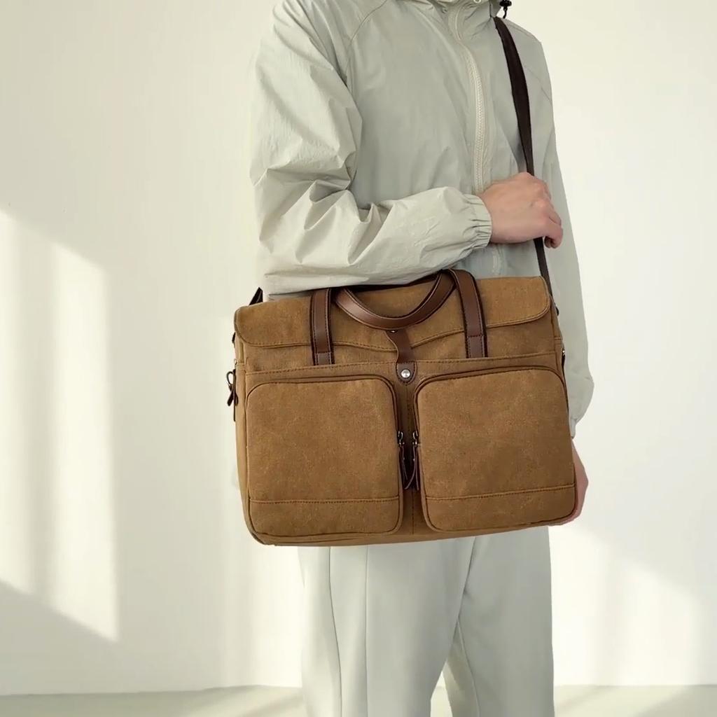 Commuter Handbag Multi-Pocket Men's Bag Large Capacity Crossbody Briefcase Solid Color Canvas Shoulder Bag