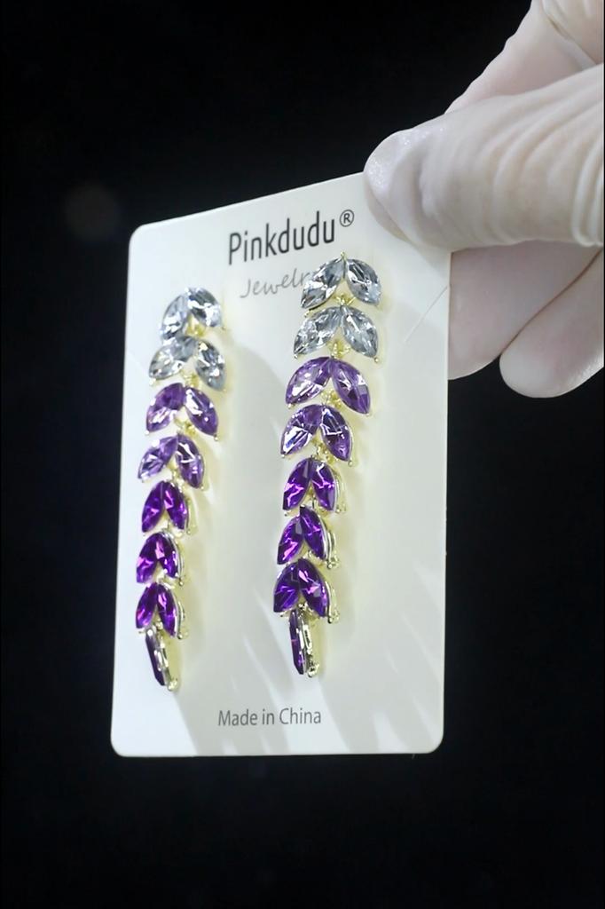 Pinkdudu Fashion Purple Rhinestone Leaf Tassel Drop Earrings Romantic Luxury Plant Dangle Earring for Women Jewelry PD1231