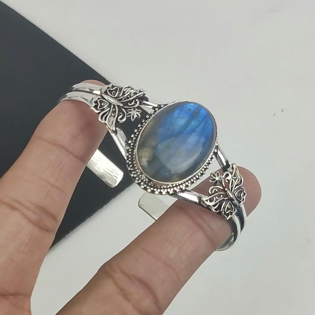 Natural Labradorite Gemstone Handmade 925 Sterling Silver Cuff Bangle, Labradorite Bangle,For Wife, Unisex Bangle, Gifts For Engagement