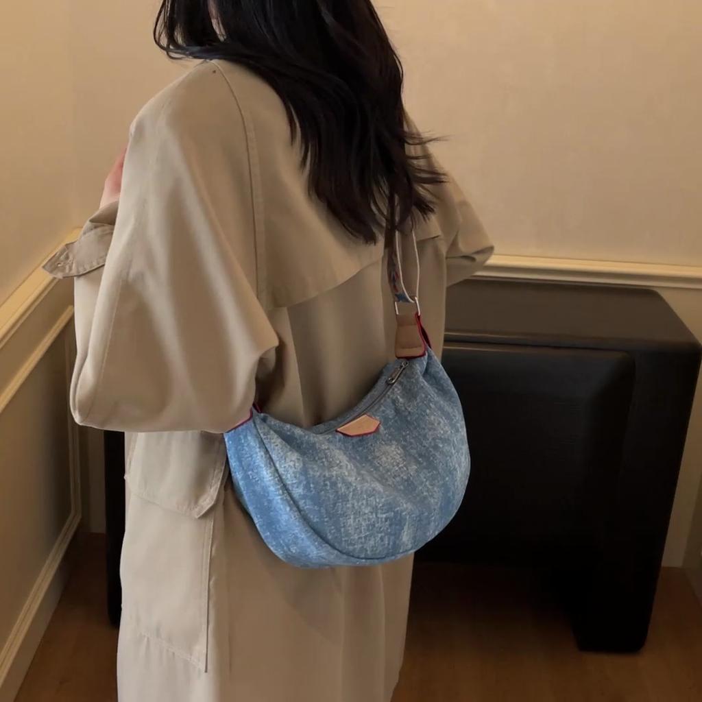 Denim Moon Bag with Colorful Strap Women's Crossbody Bag Fashionable Shoulder Bag Casual Daily Use Design