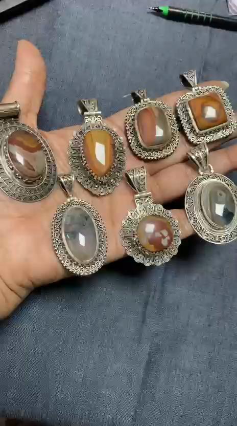 Arisha Silver 925er Sterlingsilber handgefertigte antike Anhänger, Massivsilber Anhänger Los 7 Stück mit natürlichen Edelsteinen