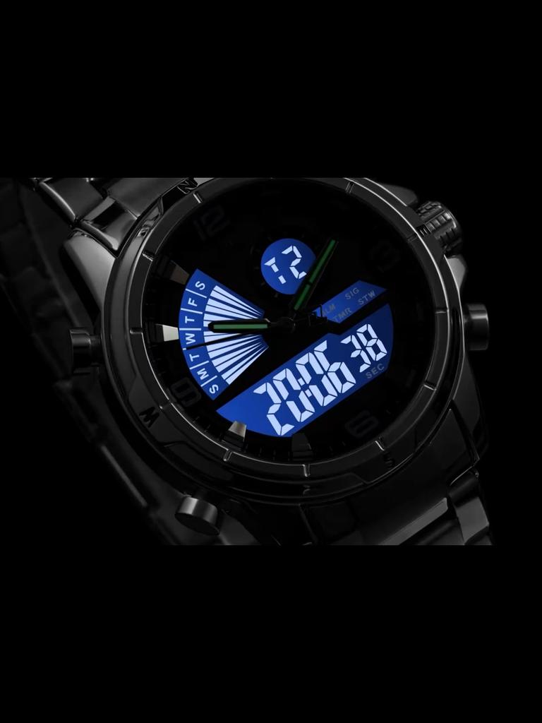 Mens Multifunctional Double-Display Watches Date Stainless Steel Watchband LED Luminous Mode Waterproof Wrist Watch